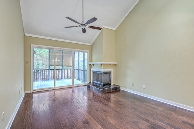 1115 Shadow Lake Cir, Mount Pleasant, SC 29464 - unfurnished living room with ornamental molding, wood finished floors, ceiling fan, a tiled fireplace, and baseboards