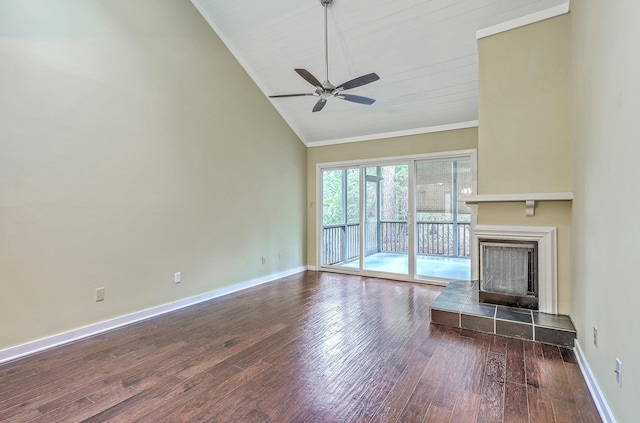 1115 Shadow Lake Cir, Mount Pleasant, SC 29464 - unfurnished living room with wood finished floors, a fireplace with raised hearth, ceiling fan, baseboards, and ornamental molding