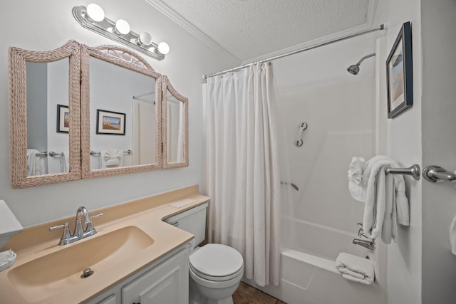 bathroom with toilet, a textured ceiling, shower / bath combo with shower curtain, and vanity