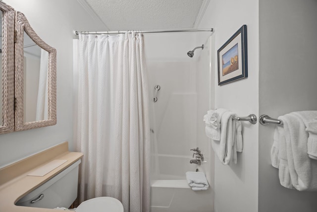 bathroom featuring toilet, a textured ceiling, and shower / bathtub combination with curtain