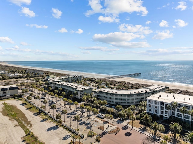 aerial view featuring a water view and a beach view