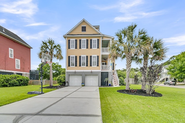 coastal home with stairway, an attached garage, concrete driveway, and a balcony