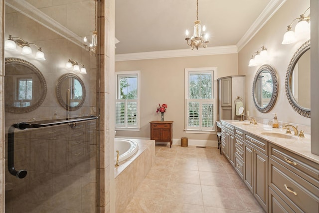 bathroom featuring crown molding, a garden tub, a sink, and an inviting chandelier