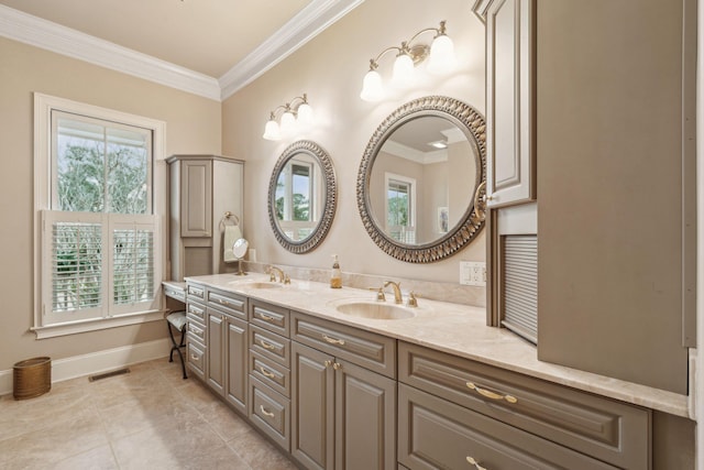 bathroom with ornamental molding, plenty of natural light, and a sink