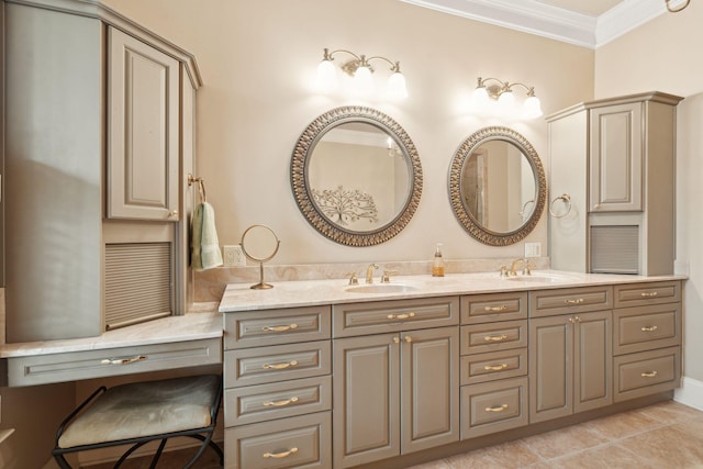 bathroom with double vanity, ornamental molding, tile patterned flooring, and a sink