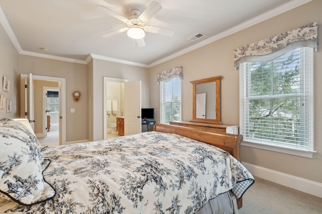 carpeted bedroom with ornamental molding, multiple windows, visible vents, and baseboards