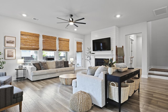 109 Medford St, Summerville, SC 29486 - living area featuring ceiling fan, baseboards, recessed lighting, wood finished floors, and a fireplace