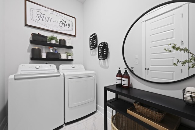 109 Medford St, Summerville, SC 29486 - laundry room with light marble finish flooring, washing machine and clothes dryer, and baseboards