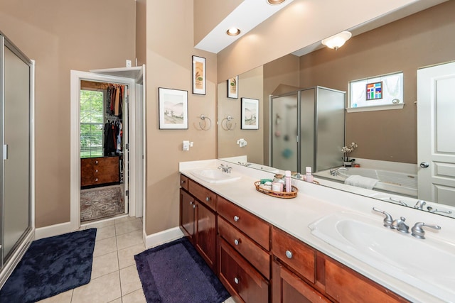 477 Commonwealth Rd, Mount Pleasant, SC 29466 - bathroom featuring a stall shower, double vanity, a bath, and tile patterned flooring