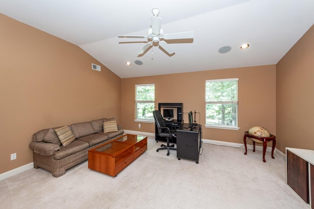 477 Commonwealth Rd, Mount Pleasant, SC 29466 - home office featuring light colored carpet, lofted ceiling, and ceiling fan