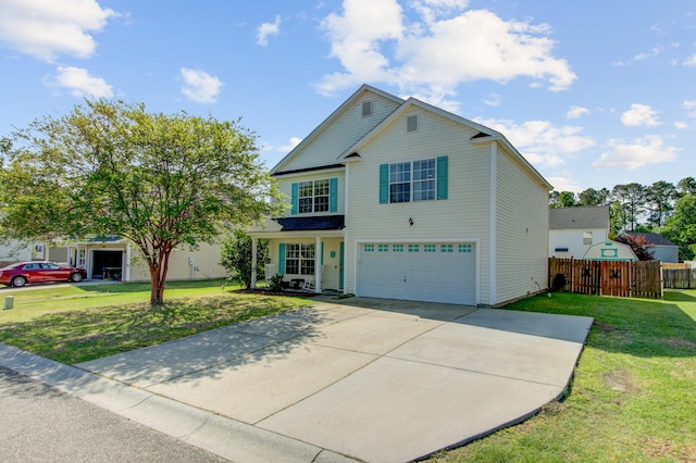 view of front of property featuring an attached garage, driveway, fence, and a front lawn