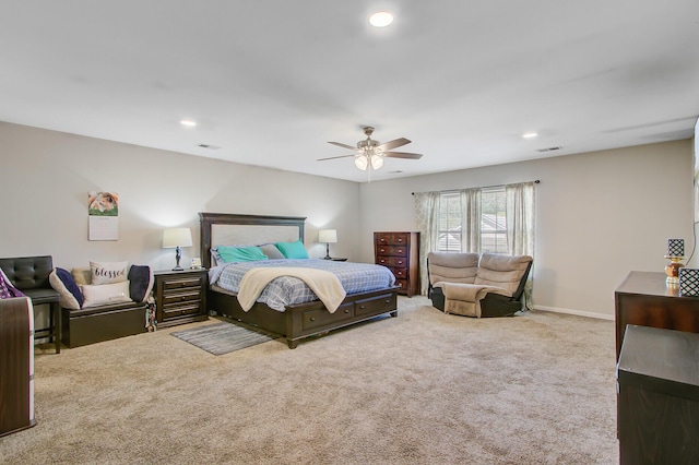 carpeted bedroom with visible vents, ceiling fan, and recessed lighting