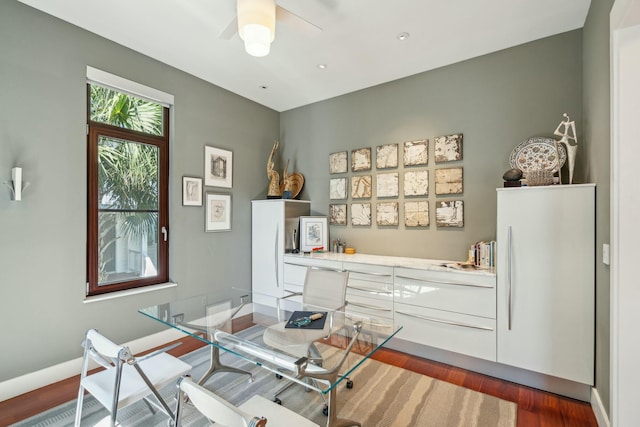 office space with ceiling fan and dark hardwood / wood-style flooring