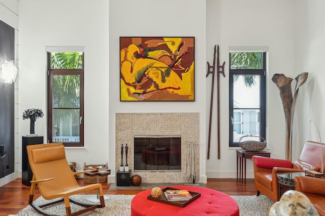 living area featuring a healthy amount of sunlight, wood-type flooring, and a fireplace