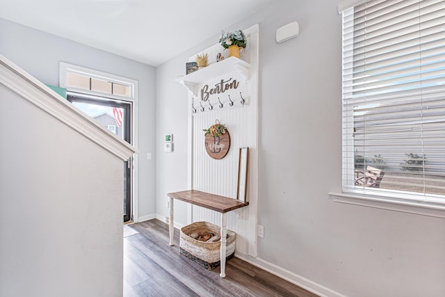 mudroom featuring wood finished floors and baseboards