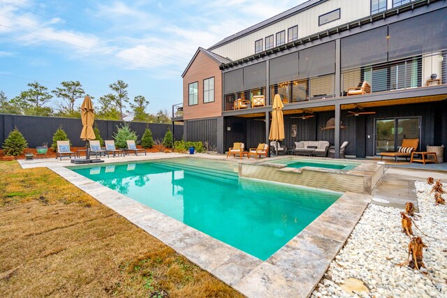 231 Bayview Dr, Mount Pleasant, SC 29464 - view of swimming pool with an outdoor living space, ceiling fan, a patio area, and an in-ground hot tub