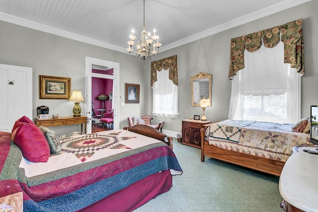 bedroom featuring carpet floors, a notable chandelier, baseboards, and crown molding