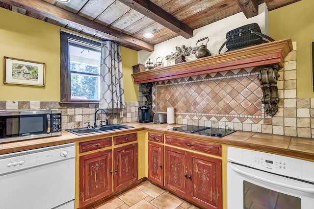 kitchen featuring wooden ceiling, white appliances, decorative backsplash, and beamed ceiling