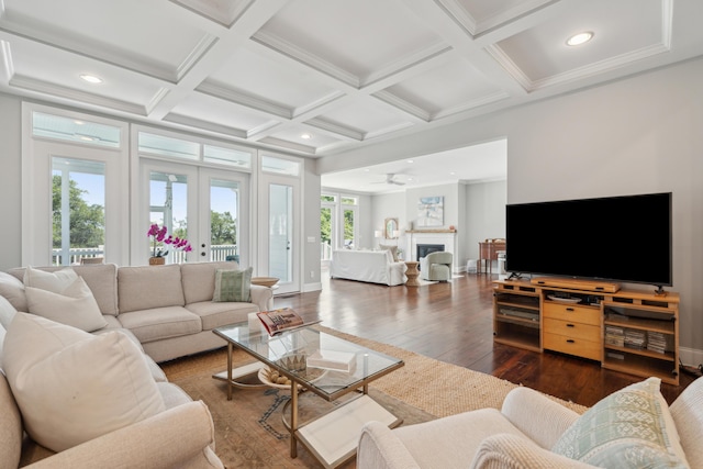 591 Island Walk E, Mount Pleasant, SC 29464 - living room with coffered ceiling, dark wood-type flooring, beamed ceiling, recessed lighting, and a ceiling fan