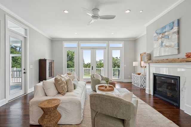 591 Island Walk E, Mount Pleasant, SC 29464 - living room featuring a glass covered fireplace, ornamental molding, wood finished floors, ceiling fan, and recessed lighting
