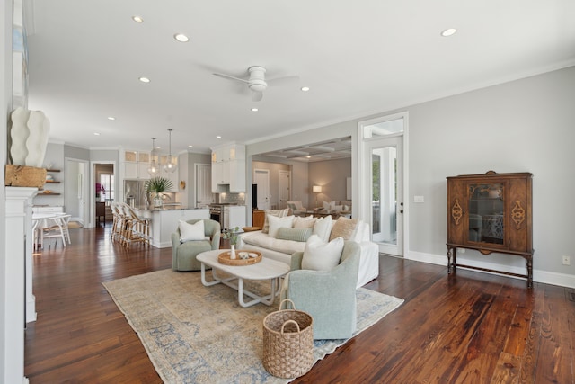 591 Island Walk E, Mount Pleasant, SC 29464 - living room featuring recessed lighting, dark wood-style flooring, ceiling fan, crown molding, and healthy amount of natural light