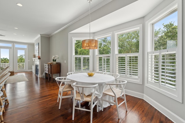 591 Island Walk E, Mount Pleasant, SC 29464 - dining room featuring healthy amount of natural light, dark wood-style floors, crown molding, a fireplace, and recessed lighting