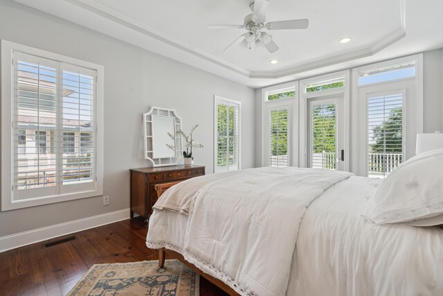 591 Island Walk E, Mount Pleasant, SC 29464 - bedroom featuring a raised ceiling, multiple windows, access to exterior, dark wood-style floors, and recessed lighting