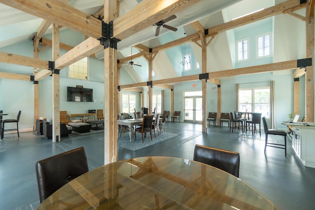 591 Island Walk E, Mount Pleasant, SC 29464 - dining room featuring high vaulted ceiling, ceiling fan, beamed ceiling, and concrete flooring