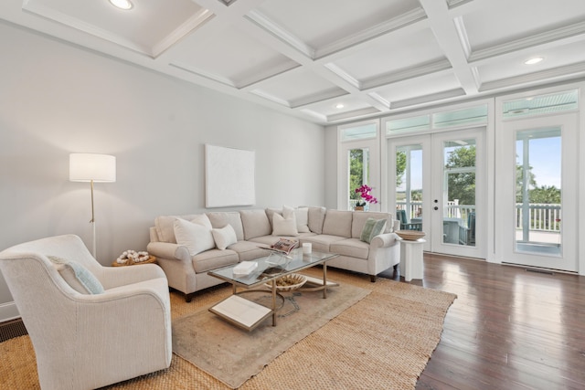 591 Island Walk E, Mount Pleasant, SC 29464 - living room featuring coffered ceiling, beamed ceiling, wood finished floors, french doors, and recessed lighting
