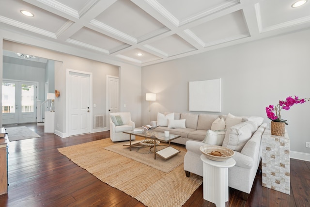 591 Island Walk E, Mount Pleasant, SC 29464 - living room with coffered ceiling, dark wood-style floors, beam ceiling, and recessed lighting