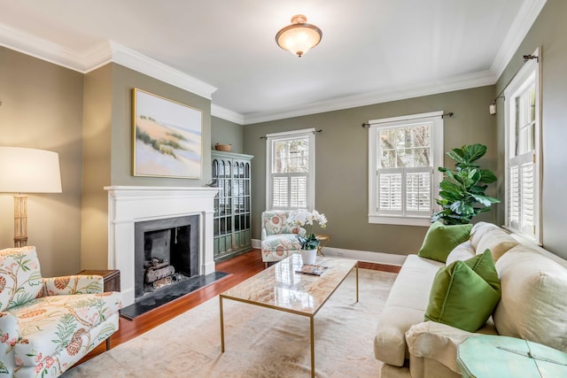 living area featuring baseboards, a premium fireplace, ornamental molding, and wood finished floors