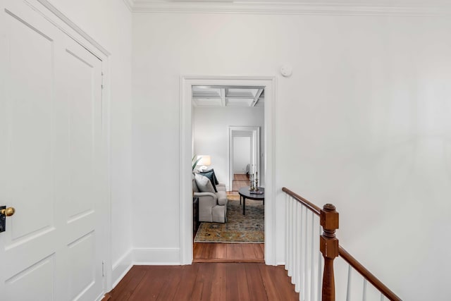 hall with baseboards, dark wood finished floors, crown molding, and an upstairs landing