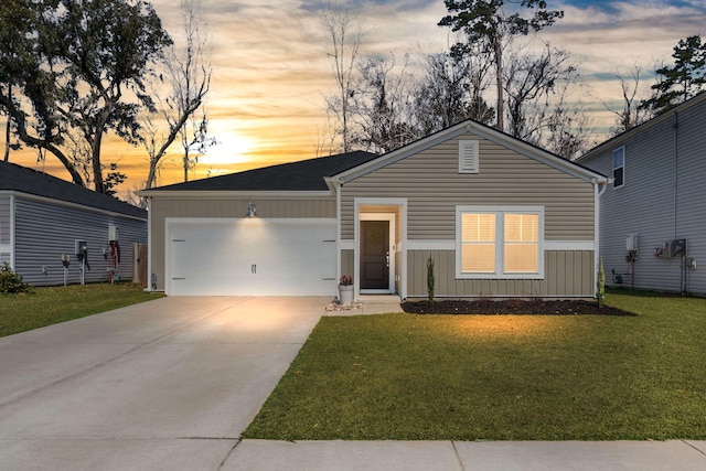 single story home featuring board and batten siding, concrete driveway, an attached garage, and a front lawn