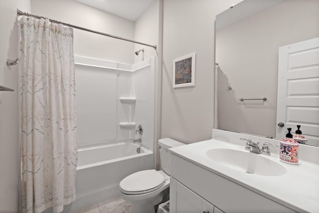 bathroom featuring toilet, vanity, and shower / bath combination with curtain