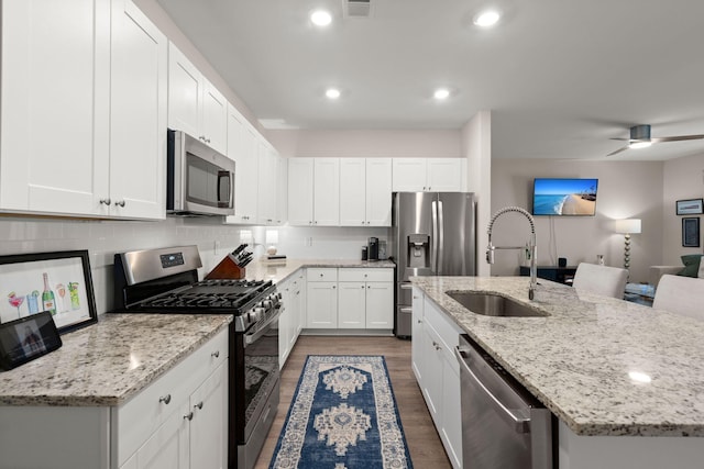 kitchen featuring wood finished floors, an island with sink, a sink, appliances with stainless steel finishes, and tasteful backsplash