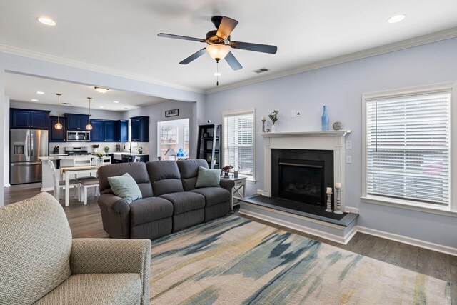 8402 Loggers Run, North Charleston, SC 29420 - living room with wood finished floors, a ceiling fan, a fireplace with raised hearth, baseboards, and crown molding