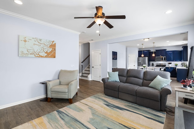 8402 Loggers Run, North Charleston, SC 29420 - living room with stairway, ornamental molding, dark wood finished floors, a ceiling fan, and recessed lighting