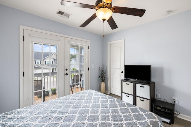 8402 Loggers Run, North Charleston, SC 29420 - bedroom with access to outside, french doors, wood finished floors, baseboards, and a ceiling fan