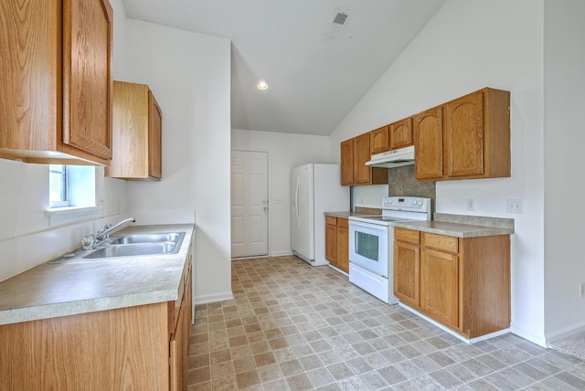 206 Barnwell St, Summerville, SC 29483 - kitchen featuring white appliances, under cabinet range hood, a sink, light countertops, and baseboards