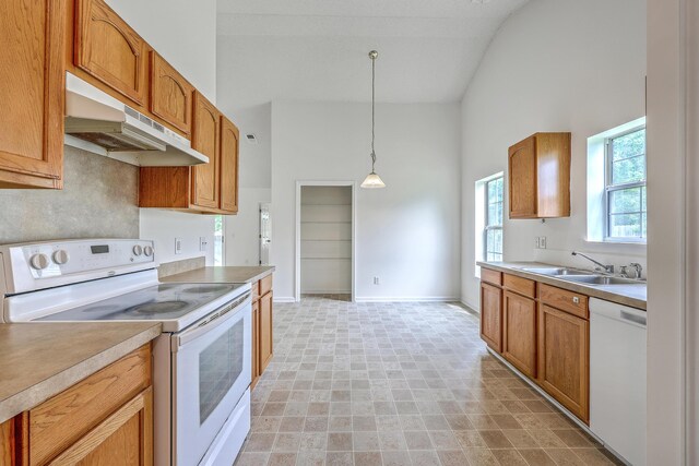 206 Barnwell St, Summerville, SC 29483 - kitchen featuring white appliances, under cabinet range hood, a sink, high vaulted ceiling, and light countertops