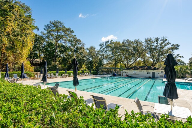 view of swimming pool with a patio area