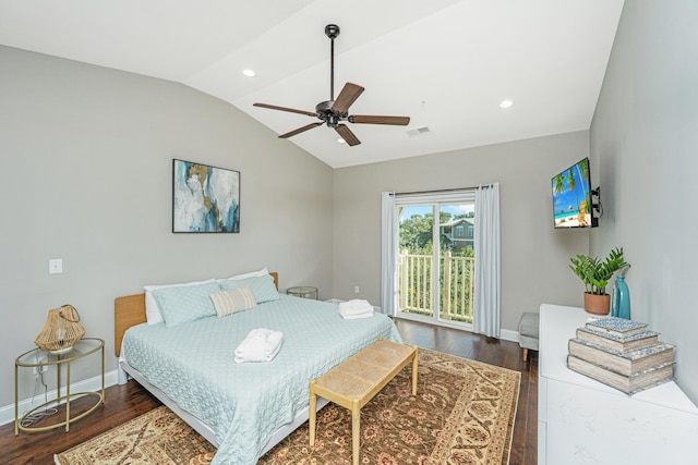 bedroom featuring visible vents, baseboards, wood finished floors, access to outside, and lofted ceiling