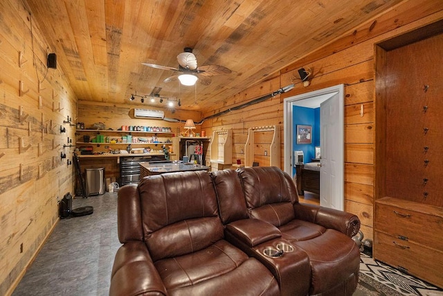 cinema with ceiling fan, an AC wall unit, track lighting, wooden walls, and wood ceiling