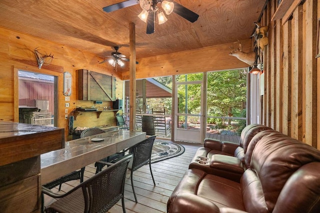 sunroom / solarium featuring ceiling fan and wood ceiling