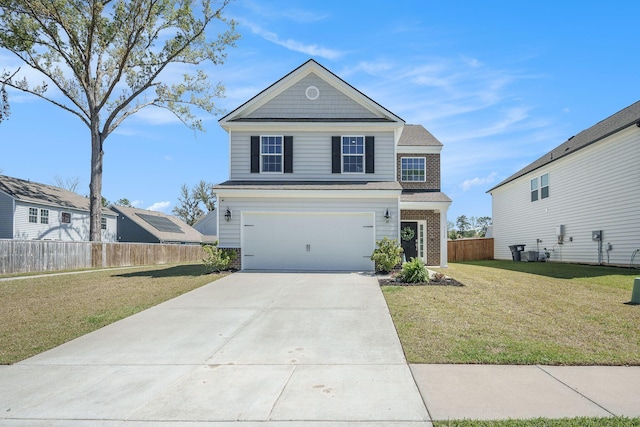 1132 Mossy Rock Dr, Summerville, SC 29485 - view of front of home featuring cooling unit, concrete driveway, fence, an attached garage, and a front lawn