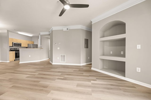 unfurnished living room featuring ceiling fan, ornamental molding, built in features, and light hardwood / wood-style flooring