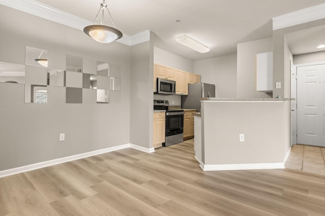 kitchen with stainless steel appliances, ornamental molding, light hardwood / wood-style floors, and decorative light fixtures