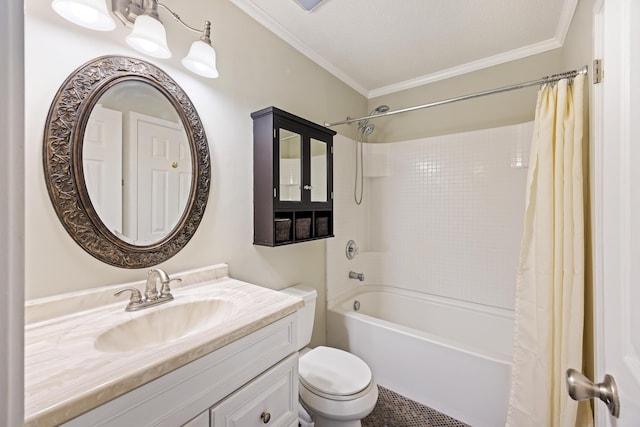 full bathroom with vanity, crown molding, toilet, shower / bath combo with shower curtain, and a textured ceiling