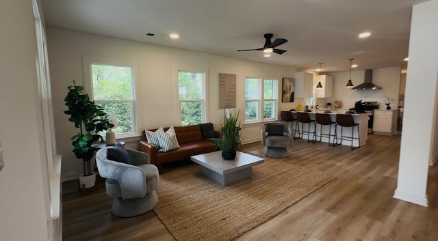 217 Quaker Rd, Saint George, SC 29477 - living area featuring light wood-style flooring, a ceiling fan, recessed lighting, and baseboards
