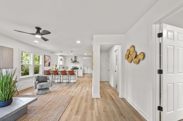 217 Quaker Rd, Saint George, SC 29477 - living room with attic access, light wood-style floors, ceiling fan, baseboards, and recessed lighting